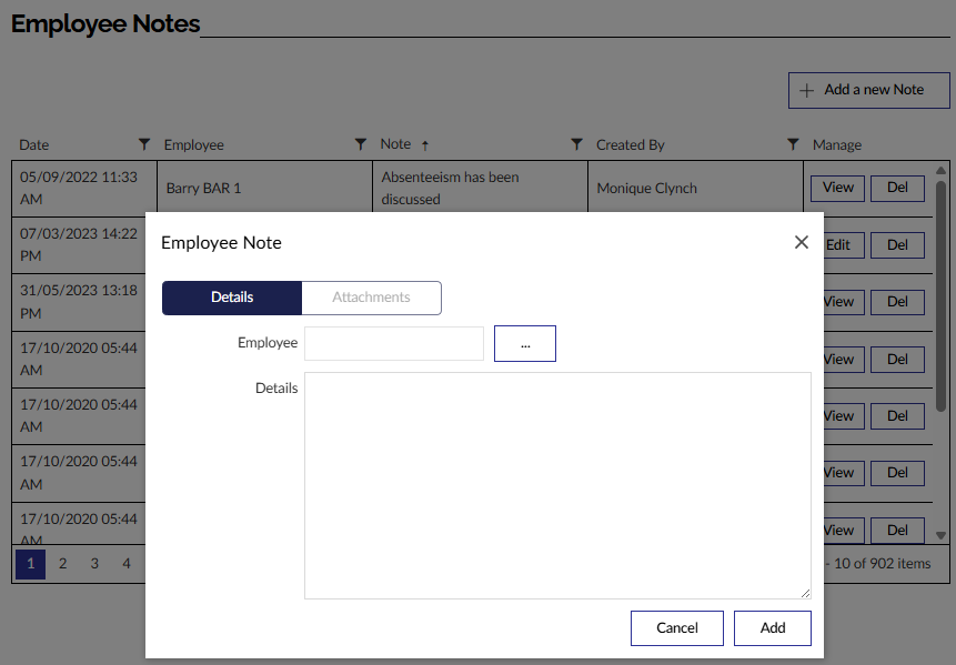 Add Employee Note window showing Details box and Add button.