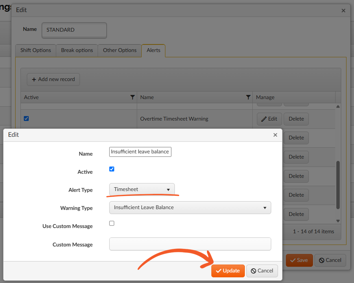 Edit alert screen displaying Timesheet alert configuration fields