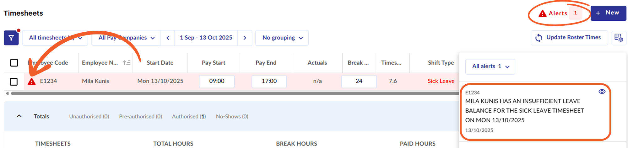 Timesheet view showing an Insufficient leave balance alert beside a shift entry and details displayed in the Alerts panel